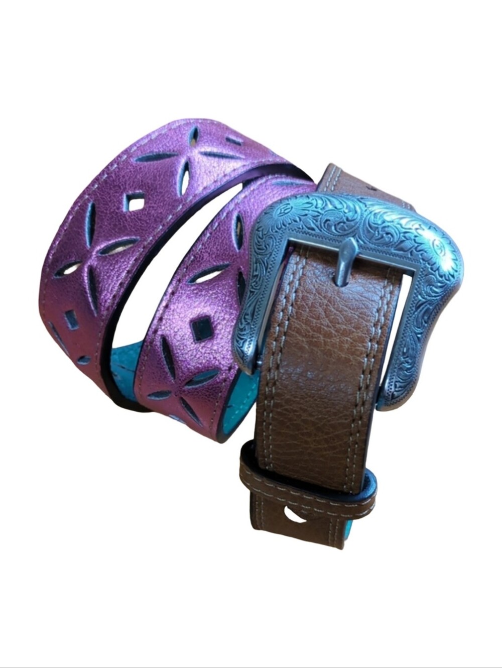 Western Pink Metallic Cutout Leather Belt with Western Buckle 27.5-33" Long